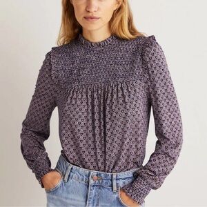 BODEN Smocked Yoke Printed Top French Navy, Dainty Heart